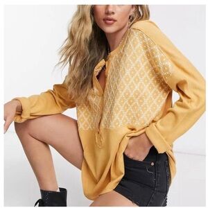 NWOT Free People Free Spirit High Low Henley Tee Embroidered Yellow Size Medium